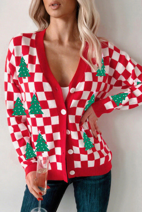 Checkerboard Tree Intarsia Button Front V Neck Drop Shoulder Cardigan
